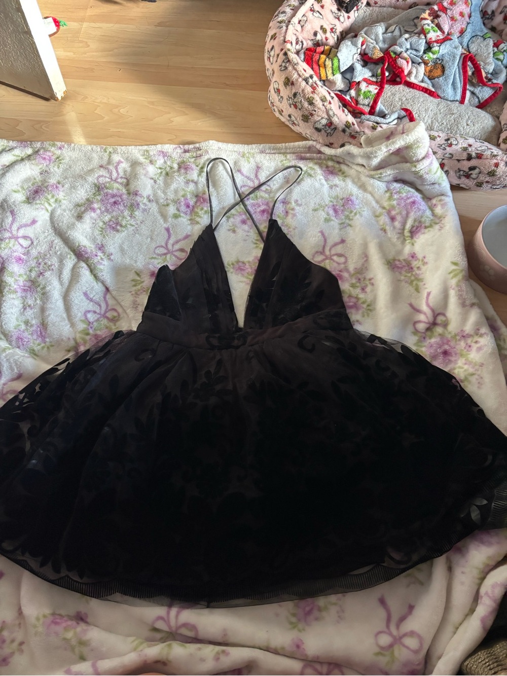 Black Velvet Floral Mesh Slip Dress with Plunging V-Neck